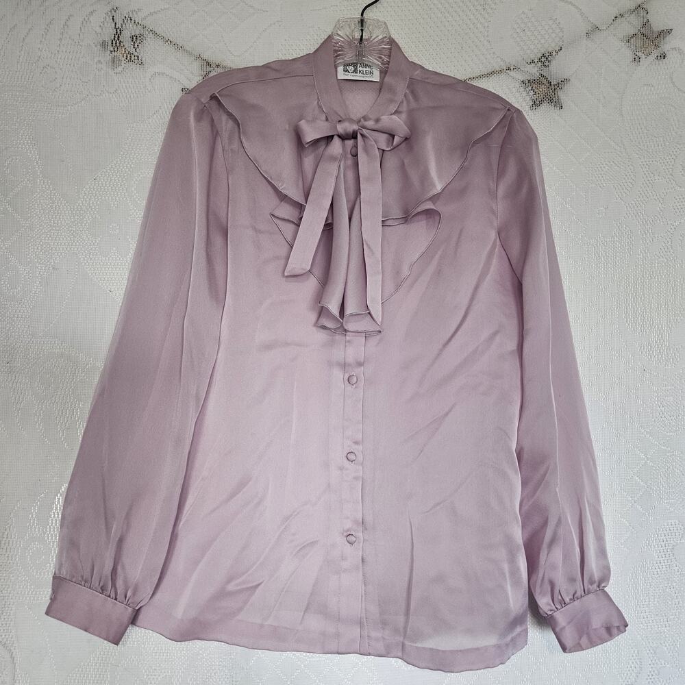 Anne Klein Small Pastel Satin Tie Neck Ruffle Button Up Top Vintage Coquette